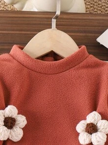 SHEIN Baby Girls' Rust Brown Knitted Floral Dress,Long Sleeve Button Decor Autumn Cute Modest Little Dress,Matching Family Winter Fall Flower Girl Dress - Brown - View 7