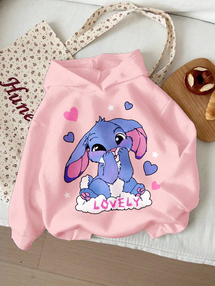 SHEIN Leap Crew Tween Girl Cream Pink, Cute Funny Cartoon Heart Blue Rabbit Stitch Pattern, Casual Loose Fit Round Neck Soft Thick Long Sleeve Sweatshirt, Suitable For Autumn/Winter, Autumn, Easy Comfort, Autumn Layers, Stylish, Casual Wear, Graphic Sweatshirt, Back To School, Homecoming, Chill Chill - Pink - View 1