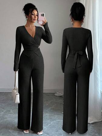 Gloray 2 st/set dam elegant v-ringad långärmad topp med knytband framtill och hög midja med vida ben, avslappnad höst-/vinteroutfit