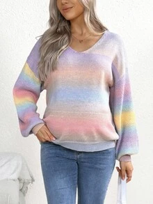 SHEIN Asymmetrical Rainbow Ombre V-Neck Sweater, Mohair Maternity Knit Pullover For Autumn/Winter