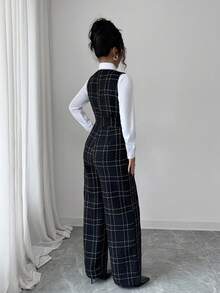 Elenzga 女式黑色羊毛面料格子连体裤，带金线，深 V 领，腰部收紧，高腰，金属珍珠纽扣装饰，优雅休闲复古教师风格，适合感恩节、万圣节、秋冬季，百搭宽松阔腿背带裤连体裤 - 黑色 - 查看 2