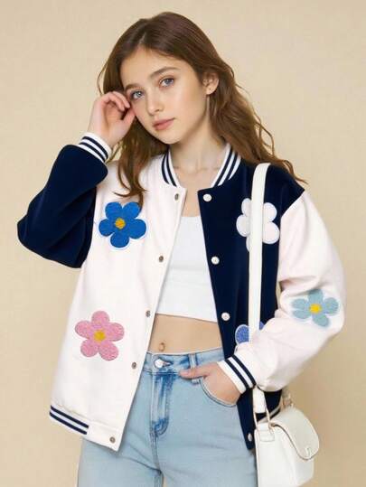 SHEIN 女童休闲彩色3D花卉撞色棒球夹克，春秋季