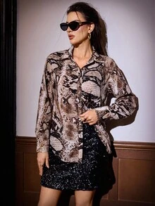 Opuloom 女士休闲通勤百搭度假迷人时尚优雅蛇皮百搭浪漫复古长袖衬衫 - 棕色 - 查看 6