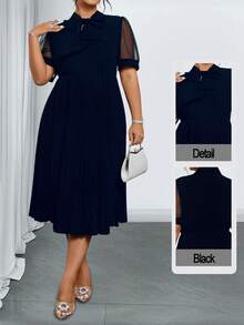 Elenzga 大码女式纯色系带网眼短袖优雅连衣裙 - 藏蓝色 - 查看 1