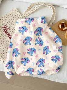 Tween Girl Cream White, Cute & Fun Cartoon Blue Rabbit Stitch Bow Pattern Casual Loose Fit Cozy Thick Soft Hooded Long Sleeve Hooded Sweatshirt, Suitable For Autumn/Winter, Autumn, Easy Comfort, Autumn Layers, Stylish, Casual Wear, Graphic Sweatshirt, Back To School, Homecoming, Chill Chill - Multicolor - View 2