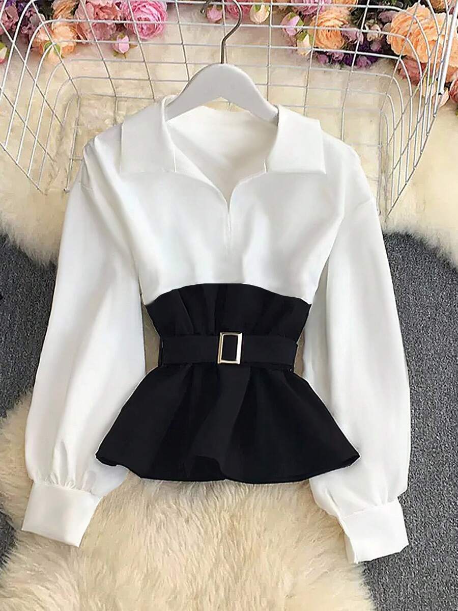 Franclia 女士时尚优雅舒适黑白拼色金属可调节扣腰带长袖衬衫上衣，适合日常通勤、办公室、返校、教师、室内外穿着，春秋季 - 黑與白 - 查看 1