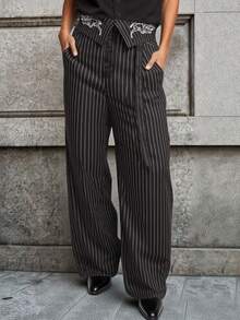 Manfinity EMRG Casual Loose Wide Leg Button Slant Pocket Men Striped Pants, 2000s Style, For Fall