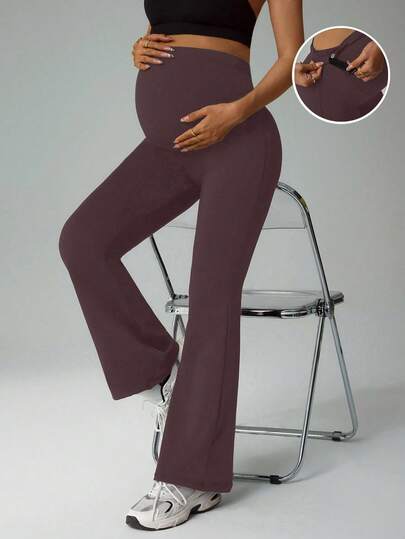 SHEIN Pantalones acampanados negros ajustados de maternidad, pantalones informales de yoga y deportes para exteriores