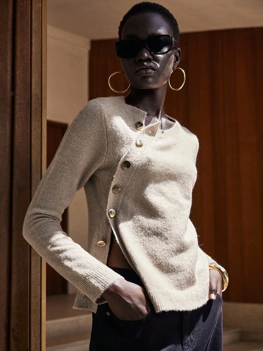 Lumivelle Women's Autumn Long Sleeve Button Embellished Fashionable Knitted Knit Cardigan Fall Winter Cloth For Women - Khaki - View 1