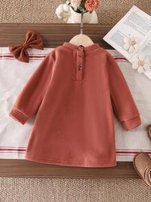 SHEIN Baby Girls' Rust Brown Knitted Floral Dress,Long Sleeve Button Decor Autumn Cute Modest Little Dress,Matching Family Winter Fall Flower Girl Dress - Brown - View 2