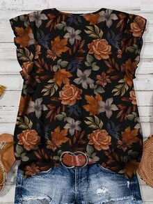 EMERY ROSE Retour à la saison scolaire Jour des enseignants Vêtements pour femmes grande taille Vêtements décontractés quotidiens Vacances Col en V Petites manches volantes Style vacances Motif feuille rétro Chemise ample Vêtements d'été pour femmes Vêtements de vacances pour femmes - Multicolore - Voir 2