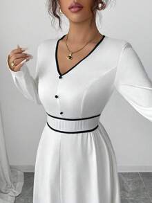 Elenzga Women's Elegant Apricot & Black Deep V-Neck Long Sleeve Fitted Waist Maxi Dress With Button Decor, Spring/Autumn Fall Cloth For Women - Apricot - View 6