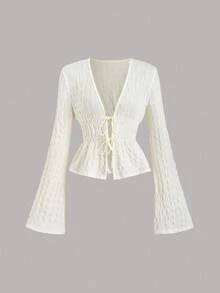 Sweetra Women's Solid Color Tie Front Ruffle Flare Sleeve Blouse - Apricot - View 1