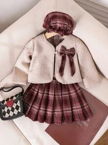 3pcs/Set Toddler Girls' Chic Cardigan With Pearl Buttons, Bow Decor Jacket, Plaid Pleated Skirt And Matching Beret Hat, Fashionable High-End Girl's Outfit For Autumn/Winter 2 Piece Baby Girl Clothes Toddler Girl Plaid Skirt Outfit Baby Girl Fall Winter Outfit Toddler Girl Winter Clothes Baby Girl Jacket And Skirt Set Baby Set Autumn Winter Season Two Piece Winter Outfits For Toddler Girl Skirt Outfit With Jacket Baby G Christmas Gifts Baby Clothes Girl Plaid Toddler Girl Outfits With Purse Toddl