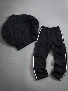 Manfinity EMRG Conjunto de chaqueta blanca con rayas y pantalones con cordón y múltiples bolsillos para hombre, ropa de otoño - Negro - Ver 2