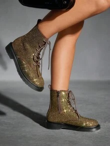 CUCCOO SZL Women's Round Toe Thick Sole Fashionable British Style Emerald Green Rhinestone Embellished Luxury Personalized Boots, Motorcycle Ankle Boots