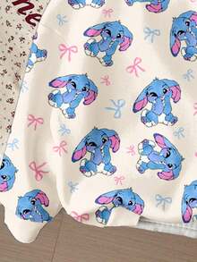 Tween Girl Cream White, Cute & Fun Cartoon Blue Rabbit Stitch Bow Pattern Casual Loose Fit Cozy Thick Soft Hooded Long Sleeve Hooded Sweatshirt, Suitable For Autumn/Winter, Autumn, Easy Comfort, Autumn Layers, Stylish, Casual Wear, Graphic Sweatshirt, Back To School, Homecoming, Chill Chill - Multicolor - View 3