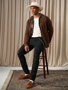 Manfinity Homme Men's Pocket Distressed Skinny Casual Jeans Boyfriend & Husband Minimalist Stretch Black For Slim Fit Going Out Halloween All Saints' Day - Black - View 6