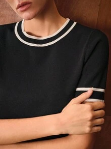 MOTF PREMIUM CONTRAST TRIM SHORT SLEEVE KNIT TOP - Black - View 3