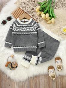 2pcs Toddler Grey Fair Isle Knit Sweater Set - Round Neck Pullover + Casual Pants, Retro Fashion Baby Boy Knitted Set Toddler Knit Set Toddler 2 Piece Winter Clothing Knit Two Piece Toddler Winter Baby Outfits Baby Boy's Fair Isle Sweater Baby Boy Winter Clothes Autumn And Winter Two Piece Suit Fall - Grey - View 1