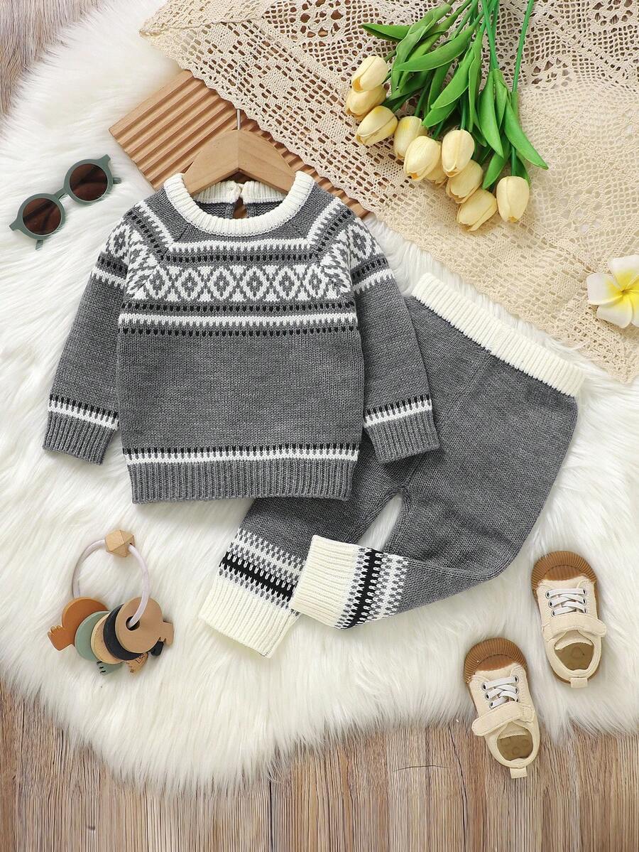 2pcs Toddler Grey Fair Isle Knit Sweater Set - Round Neck Pullover + Casual Pants, Retro Fashion Baby Boy Knitted Set Toddler Knit Set Toddler 2 Piece Winter Clothing Knit Two Piece Toddler Winter Baby Outfits Baby Boy's Fair Isle Sweater Baby Boy Winter Clothes Autumn And Winter Two Piece Suit Fall - Grey - View 1