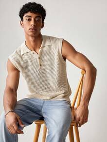 SWAVVY Men's Solid Color Simple Daily Knitted Sleeveless Vest, For Fall Winter - Beige - View 4