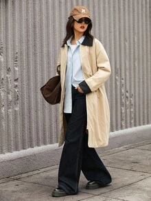 Teen GirlCasual All-Match Versatile School/Commute Street Style Contrast Color Lapel Mid-Length Padded Coat, Autumn/Winter Fall - Khaki - View 4