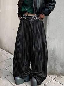 Manfinity EMRG Casual Loose Wide Leg Button Slant Pocket Men Striped Pants, 2000s Style, For Fall