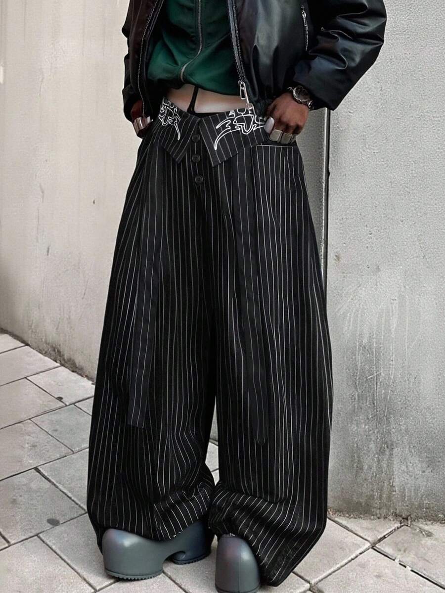 Manfinity EMRG Casual Loose Wide Leg Button Slant Pocket Men Striped Pants, 2000s Style, For Fall