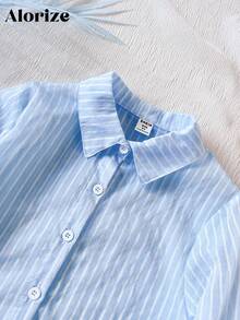 青少年女孩度假海报印花休闲乡村日常百搭透明条纹长袖衬衫 + 宽松短裤两件套 - 藍色 - 查看 3