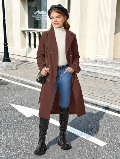SHEIN Serisse Kids Tween Girl Woven Solid Double Breasted Lapel Long Casual Trench Coat,In Fall/Winter