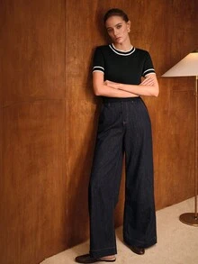 MOTF PREMIUM CONTRAST TRIM SHORT SLEEVE KNIT TOP - Black - View 6