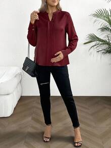 SHEIN Versatile Solid Color V-Neck Long Sleeve Maternity Shirt For Commuting - Burgundy - View 4