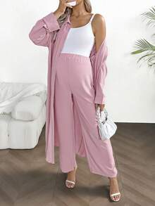 SHEIN 2pcs Maternity Set: Solid Color Long Sleeve Button-Down Shirt And Adjustable Waist Pants, Comfortable & Loose Fit - Pink - View 3