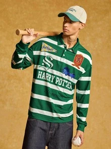 HARRY POTTER X SHEIN Men's Casual Striped Letter Graphic Polo Shirt, Autumn - Green - View 6