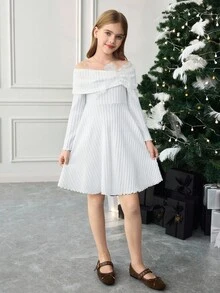 SHEIN 青少年女孩优雅通勤修身露肩蝴蝶结腰部荷叶边下摆舒适弹力针织条纹连衣裙 - 纯白色，Mother & Me - 白色 - 查看 9