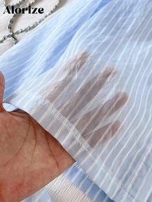 青少年女孩度假海报印花休闲乡村日常百搭透明条纹长袖衬衫 + 宽松短裤两件套 - 藍色 - 查看 5