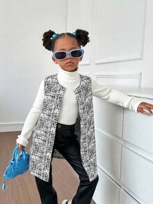 SHEIN Young Girl Spring/Autumn Casual All-Over Print Vest Jacket.Mom And Daughter Matching,  Girls Tweed Dress - Black and White - View 2