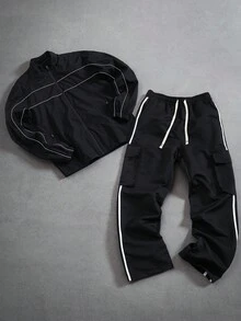 Manfinity EMRG Conjunto de chaqueta blanca con rayas y pantalones con cordón y múltiples bolsillos para hombre, ropa de otoño - Negro - Ver 1