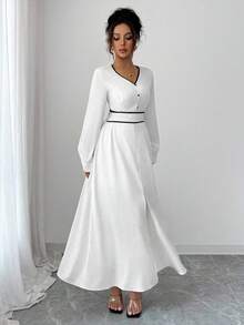 Elenzga Women's Elegant Apricot & Black Deep V-Neck Long Sleeve Fitted Waist Maxi Dress With Button Decor, Spring/Autumn Fall Cloth For Women - Apricot - View 4