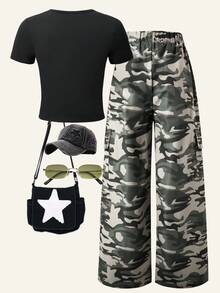 Tween Girls' Casual Fashion Street Style Star Print Short Sleeve T-Shirt And Camo Print Flap Pocket Wide Leg Pants Set, Summer - Multicolor - View 2