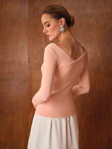 MOTF PREMIUM 休闲法式不对称肩长袖针织毛衣，秋冬合身打底衫 - 粉色 - 查看 3