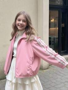 SHEIN 女童时尚甜美丝带和蝴蝶结拉链夹克，适合春秋季节 - 粉色 - 查看 5