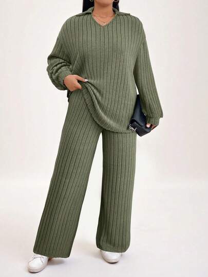 SHEIN LUNE Plus Size Solid Color Lapel Long Sleeve Top And Pants 2pcs/Set Casual Outfit Women Clothing Sets Black Two Pieces Set Airport Women Outfits Fall Clothes Clothes Travel Outfit Airport