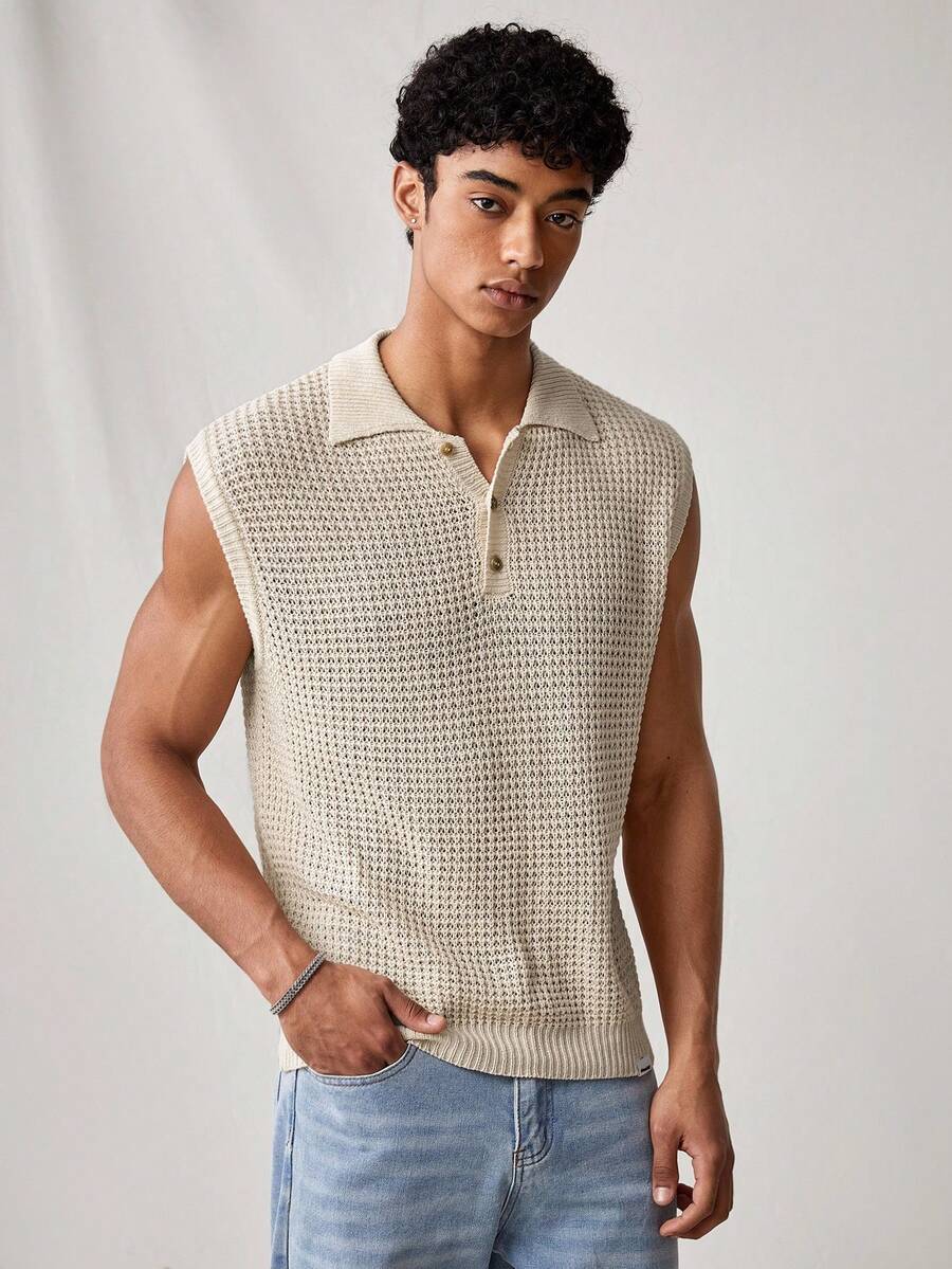 SWAVVY Men's Solid Color Simple Daily Knitted Sleeveless Vest, For Fall Winter - Beige - View 1