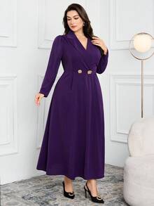 Modelyn 大码女式纯色翻领长袖腰部金属装饰优雅连衣裙 - 紫色 - 查看 3