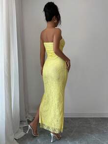 Rafferiza Women's Tight Lace Bodycon Strapless Slit Hem Yellow Mini Dress - Yellow - View 3