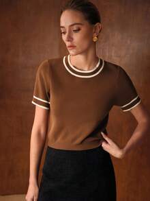 MOTF PREMIUM 撞色饰边短袖针织上衣 - 咖啡棕 - 查看 4