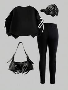 Elladie kids 两件套女童针织简约3D蝴蝶结圆领长袖卫衣和黑色长裤套装，时尚秋冬装 - 黑色 - 查看 2