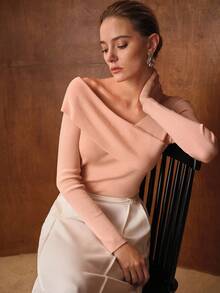 MOTF PREMIUM 休闲法式不对称肩长袖针织毛衣，秋冬合身打底衫 - 粉色 - 查看 7